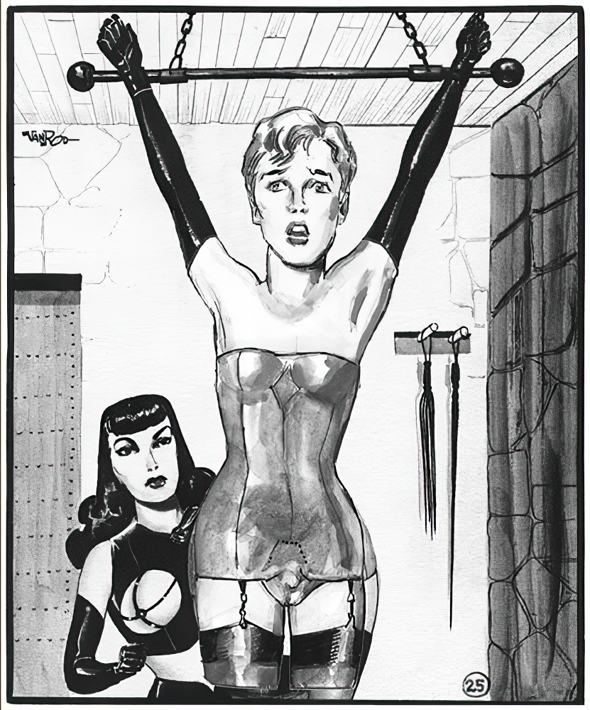 B&W Illustration of leather mistress feminizing bound male slave in corset and lingerie