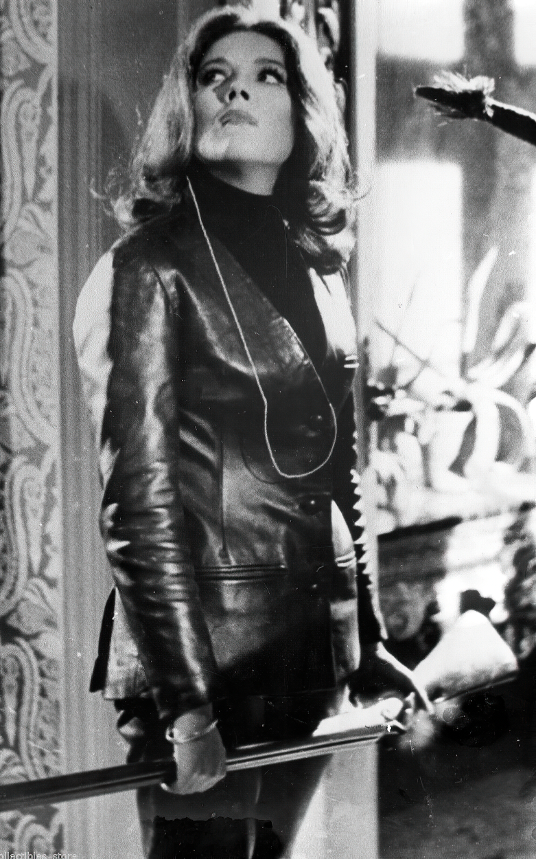 Dame Diana Rigg adorned in leather pants and vest for TV Show 'The Avengers'