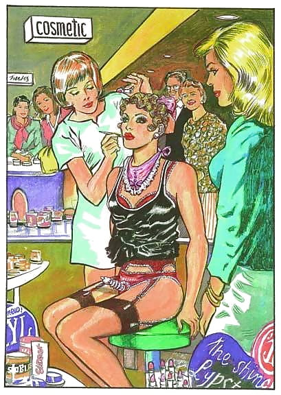 Vintage fetish illustration of man in makeup chair being feminized as women watch