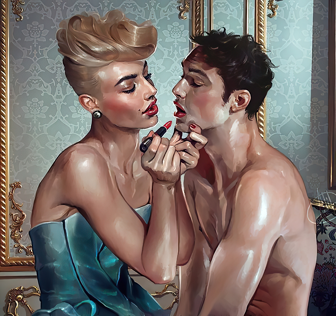 'My Beautiful Lady' by Ali Franco depicting woman in lingerie applying lipstick to feminized male slave in loving manner